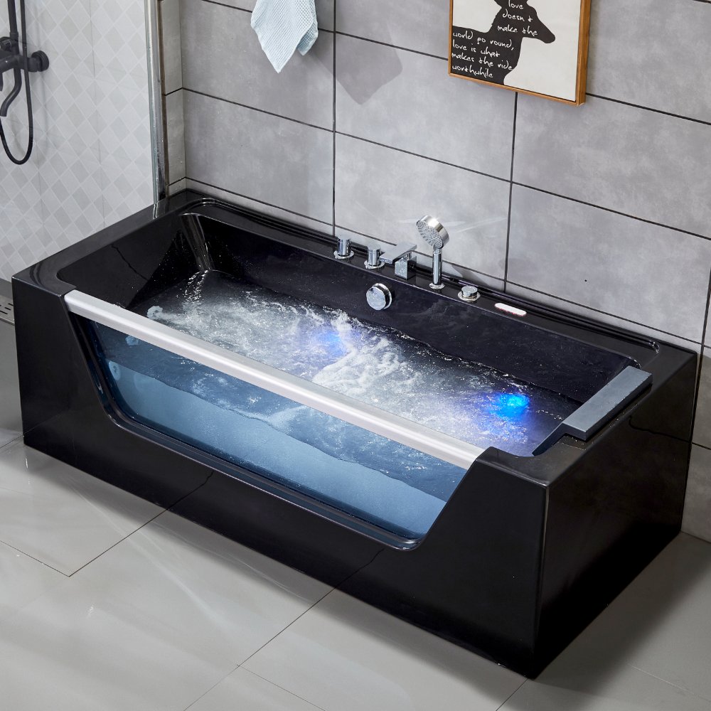 bubbelbadkar – Svart bubbelbadkar | Glasfront, värmare & ljusterapi | 180cm | BK-009V