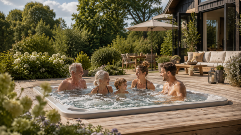 Par som badar i spabad vid solnedgång